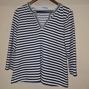 J McLaughlin 3/4 Sleeve Shirt M Navy Blue Stripe Nautical Quiet Luxury